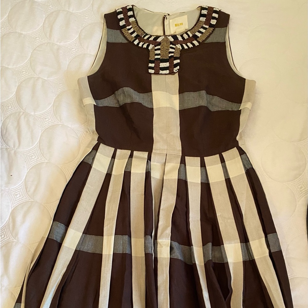 Maeve brown and white linen pleated dress, linen, lined, 41 inches from shoulder